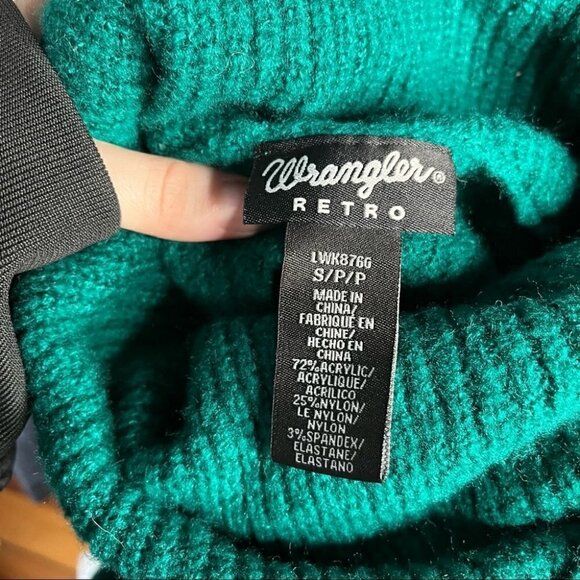 WRANGLER Retro Sz S Teal Knit Cowl Neck Turtleneck Fringe Sweater Dress - Picture 7 of 7